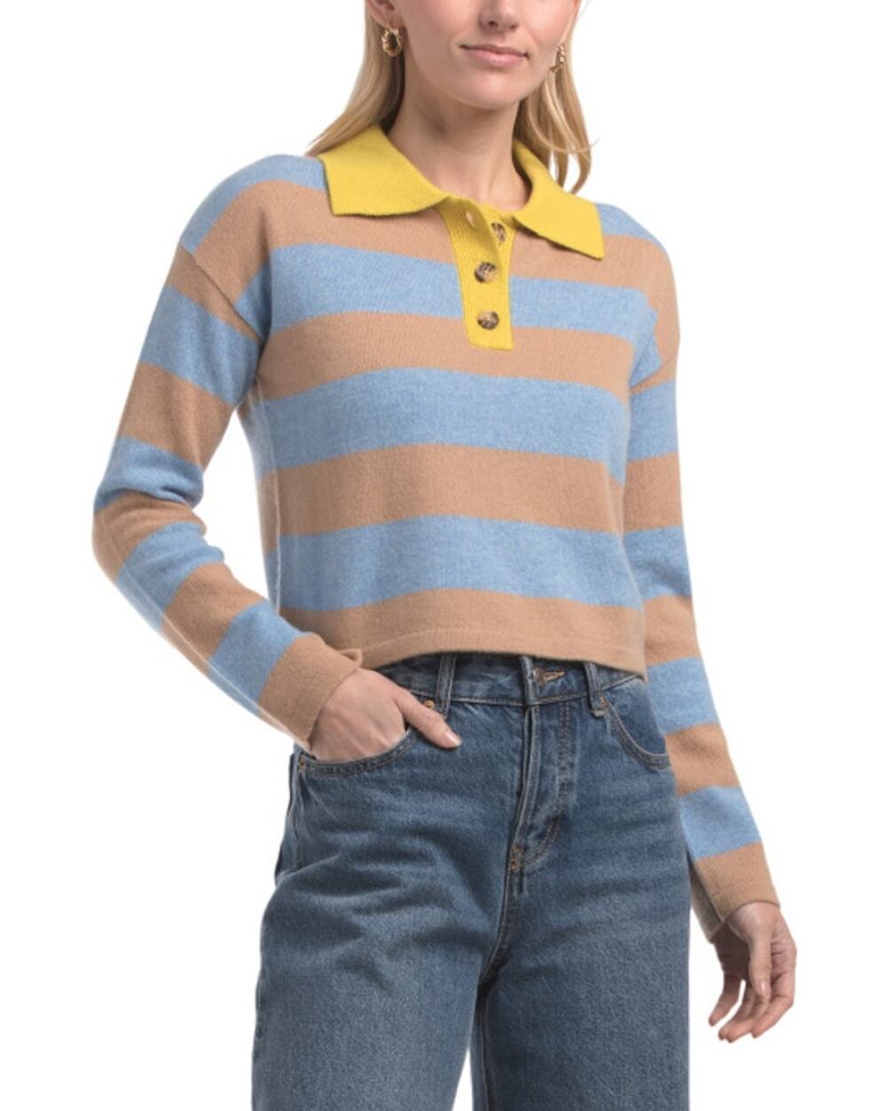 HOUSE OF HARLOW 1960 RUGBY STRIPED 100% CASHMERE CROP POLO SWEATER M